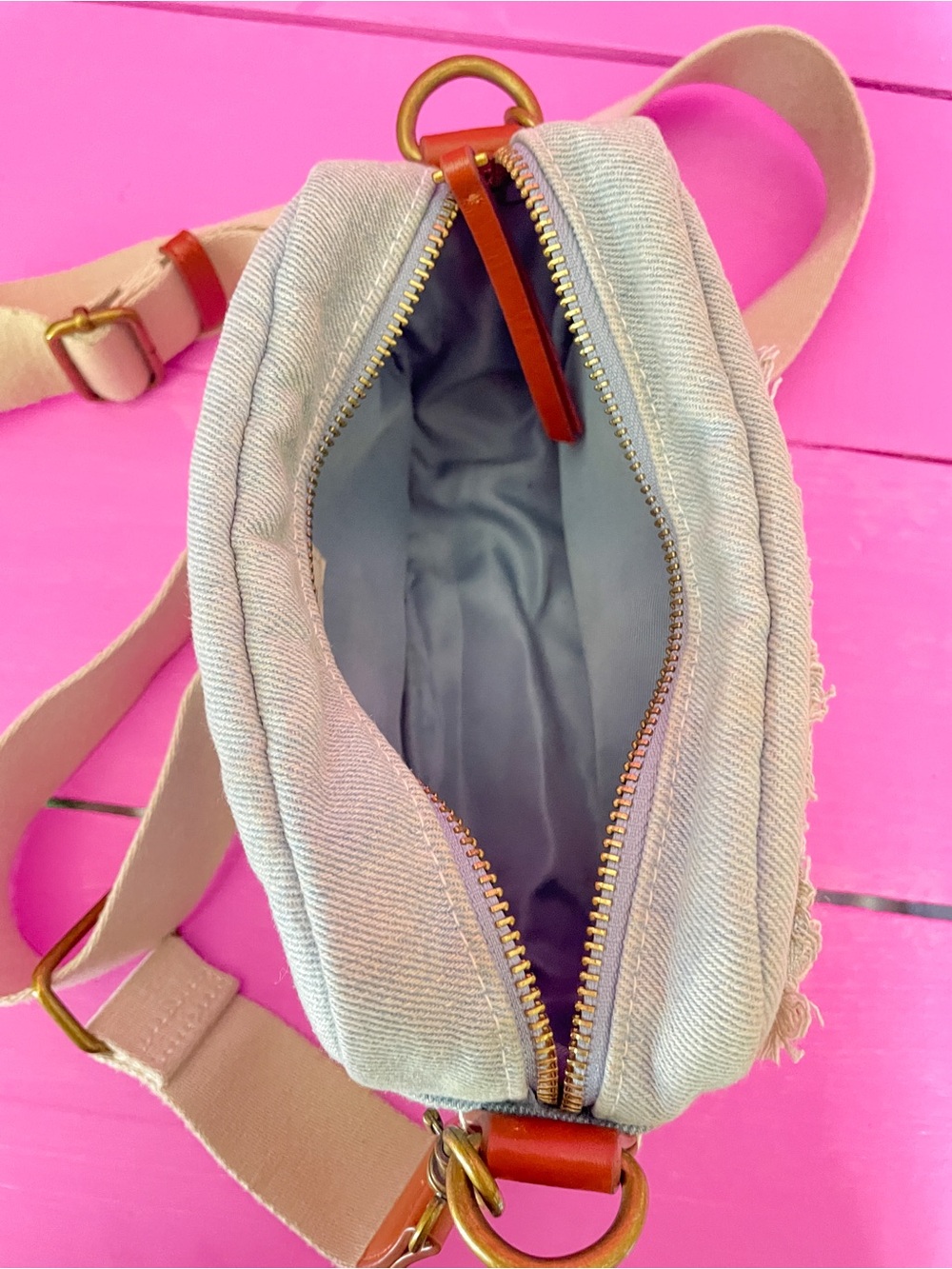 Target Light Blue Denim Crossbody with Cream Strap and Brown Leather Accents - Picture 2 of 4